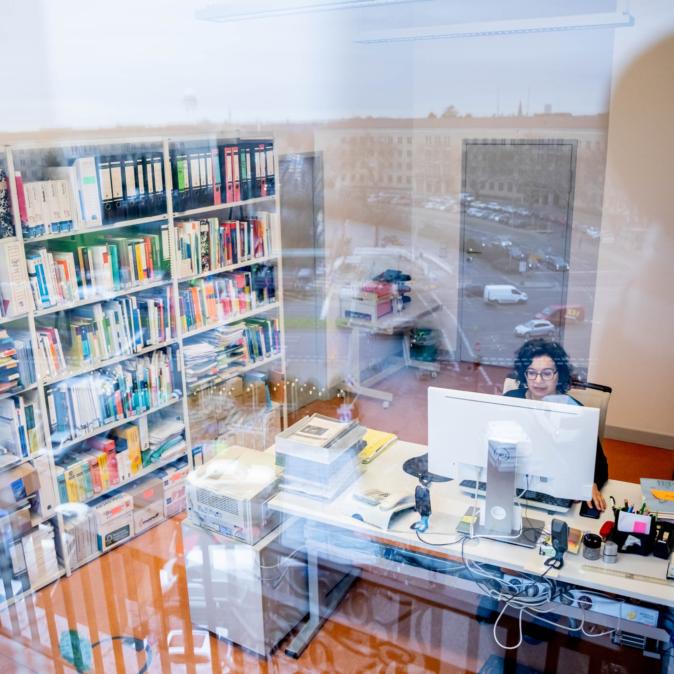 Das Foto zeigt den Blick in ein B&uuml;ro des DZA. Durch das leicht spiegelnde Fenster ist eine Mitarbeiterin an ihrem PC zu sehen sowie ein gut gef&uuml;lltes B&uuml;cherregal.